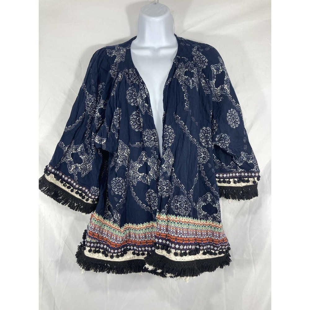 MINX & MOSS Navy Blue Boho Kimono Paisley Pom Pom Tassels size Small